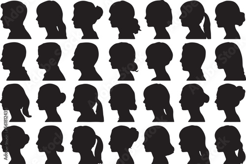 Diverse collection of human head profile silhouettes in black and white