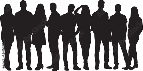 Diverse group of people standing together in a line silhouette