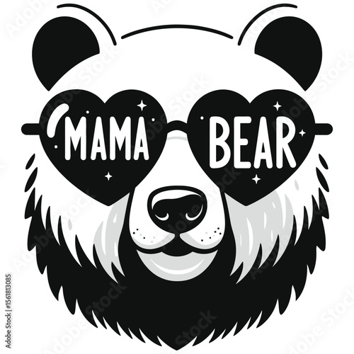 Mama Bear with Heart Sunglasses Black and White Illustration