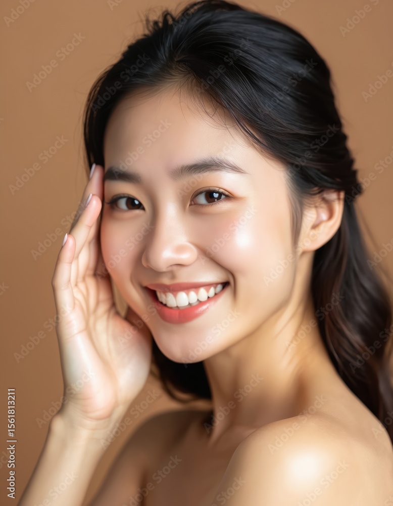 Fototapeta premium Happy Asian woman face smiling on brown studio background. Beautiful Japanese female model smiling for skincare, cosmetic, beauty. Portrait of young person showing healthy skin, perfect smile.