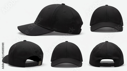 Cap mockup set. Isolated realistic black baseball cap hat templates. Front, back and angle view of adult man caps mockup collection
