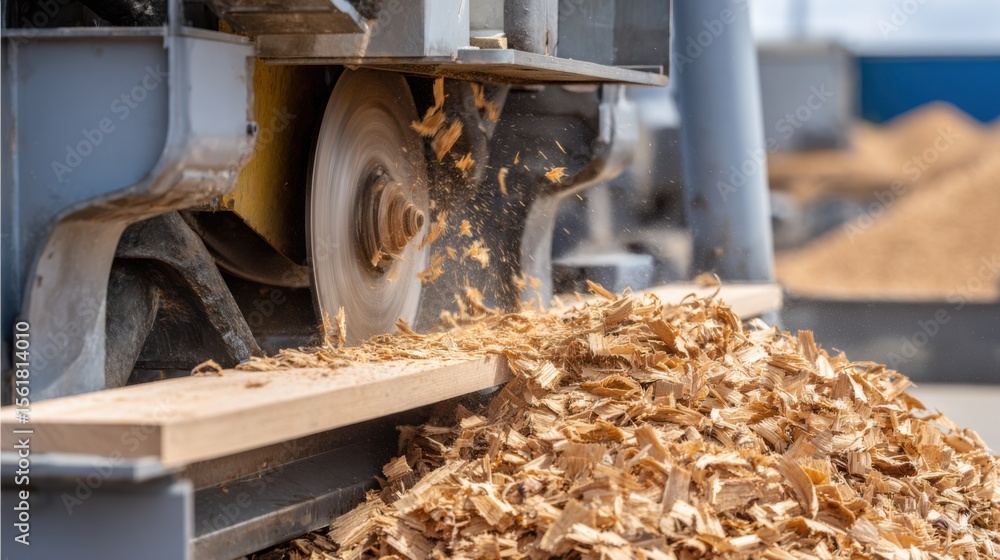 Woodworking machine saw cutting wood with sawdust in workshop factory Woodworking machine saw cutting wood with sawdust in workshop factory