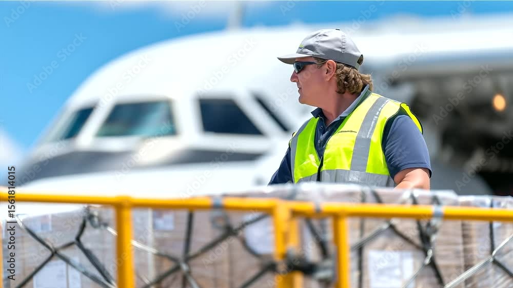 Freight loader waves to pilot while cargo is secured into aircraft hold. Freight loader waves to pilot while cargo is secured into aircraft hold.