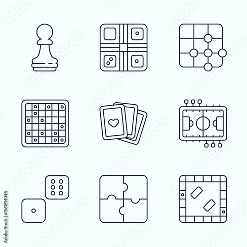 Outline icon illustration featuring classic board games such as chess, sudoku, puzzle, dice, cards, football table, and logic grids. Retro inspired colors with playful shapes perfect for apps