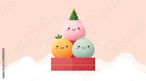 Wallpaper Mural Cute cartoon characters stacked on a red gift box with a Christmas tree, set against a pastel snowy background. Torontodigital.ca