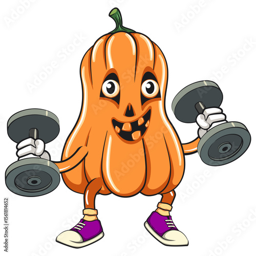 funny halloween pumpkin mascot doing barbell lifting workout, vector cartoon illustration isolated on transparent background, work of hand drawn