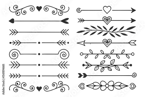 Hand-Drawn Decorative Dividers Featuring Whimsical Arrows, Floral Ornaments, and Elegant Swirls. Stylish Vector Accents for Invites, Crafts, and Digital Design Projects.

