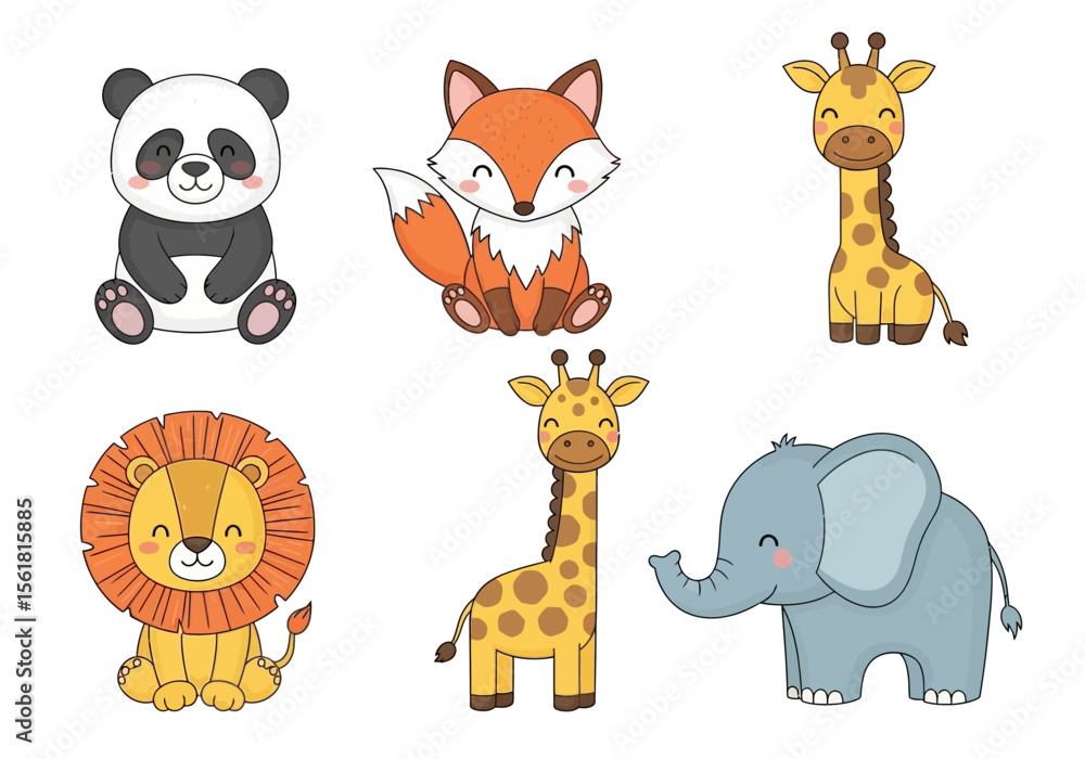 Obraz premium Illustration of cartoon animals including a fox giraffe panda lion and elephant on a cream background