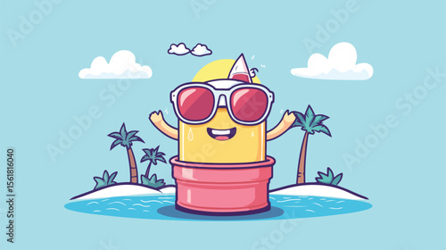 Playful Bottle Cap Mascot on Vacation Flat Vector Illustration