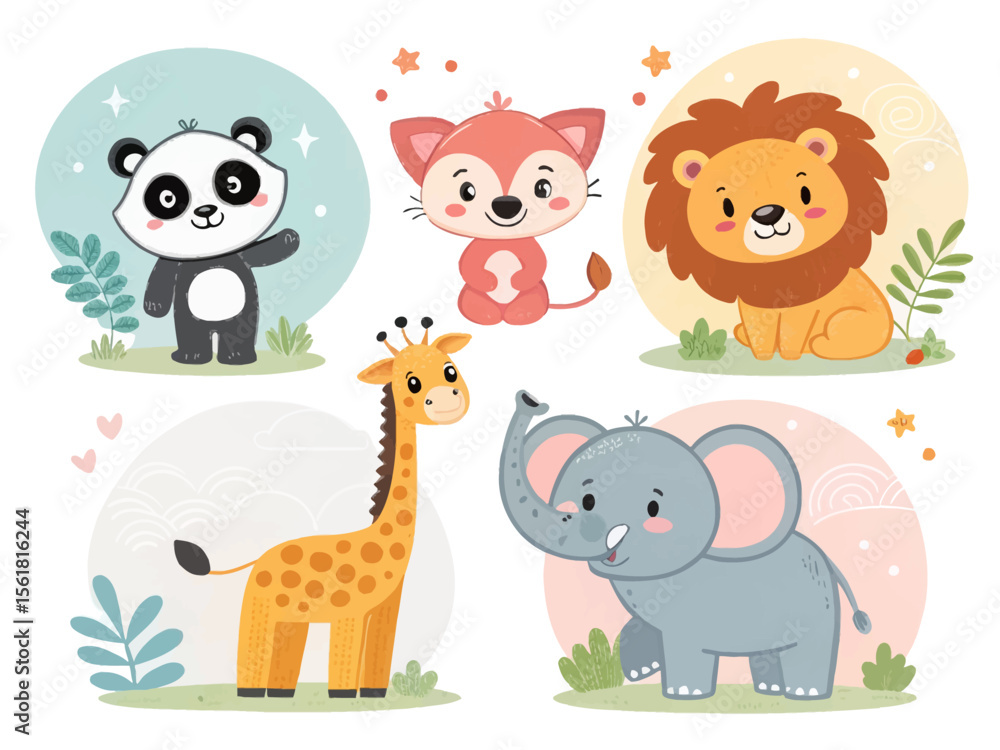 Obraz premium A Charming Collection of Adorable Baby Animals Featuring a Panda Bear a Fox a Lion a Giraffe and an Elephant in a Whimsical Forest Setting