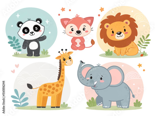 A Charming Collection of Adorable Baby Animals Featuring a Panda Bear a Fox a Lion a Giraffe and an Elephant in a Whimsical Forest Setting