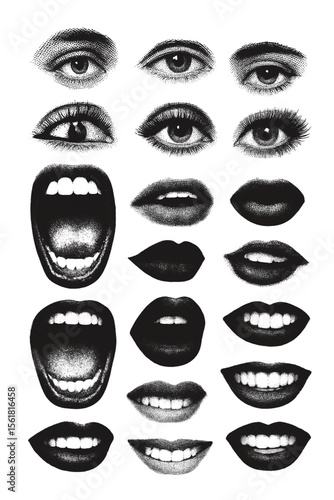 newspaper or magazine cut out. Torn grunge paper sticker collage art in y2k cyberpunk style retro halftone lips, eyes, nose and mouth in scream with monochrome photocopy.eps