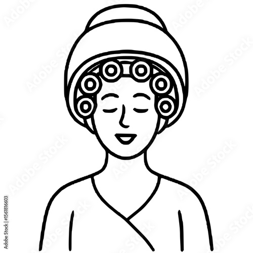 Woman with Hair Curlers and Spa Robe Icon in Minimal Black Line Vector