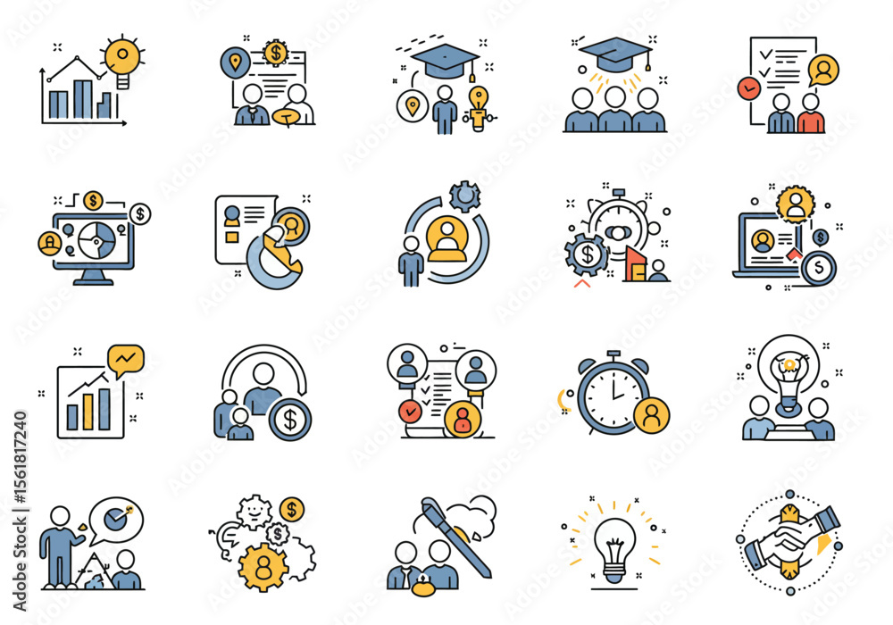 Fototapeta premium Collection of Professional Development and Business Growth Icons Illustrating Collaboration Strategy and Skill Enhancement in Modern Workplaces