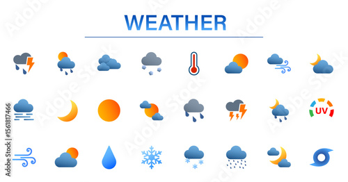 Weather icon set. Containing clouds, thunderstorms, rain, wind, temperature, day and night, UV index.