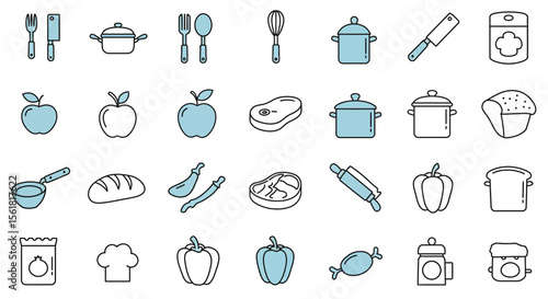 A Diverse Collection of Kitchen Utensils Cooking Equipment and Food Items Depicted in Simple Outline Icons with Blue Accents