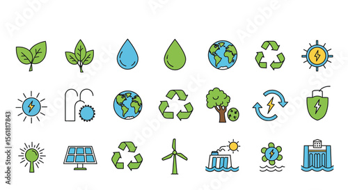 Collection of Icons Representing Renewable Energy Sources and Environmental Sustainability for a Greener Future