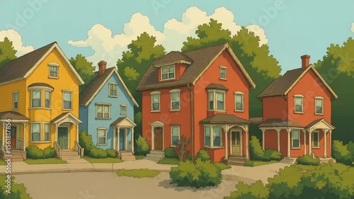 Wallpaper Mural Row of Colorful Houses in a Quiet Neighborhood Illustration Torontodigital.ca