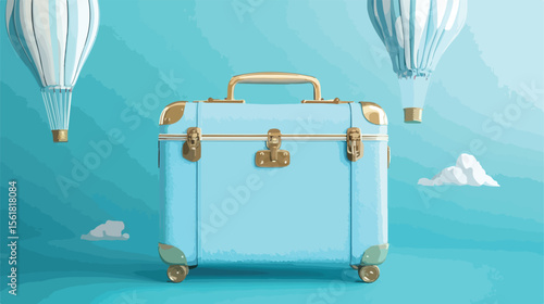 Travel Concept with Blue Suitcase and Air Balloons in Flat Vector Design