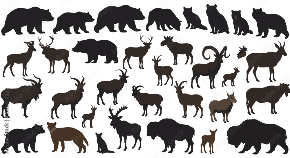 Naklejka premium Diverse Collection of Wild Animals Silhouettes Featuring Bears Deer Elk Goats Rams and Bison in Various Poses Representing Wildlife and Nature