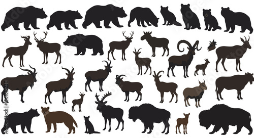 Diverse Collection of Wild Animals Silhouettes Featuring Bears Deer Elk Goats Rams and Bison in Various Poses Representing Wildlife and Nature