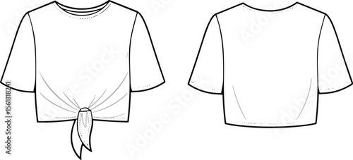  Stylish Women's Knotted Crop Top Cad Drawing Flat Vector Illustration, Fashionable Apparel Design Template for Casual Clothing Collection and Technical Fashion