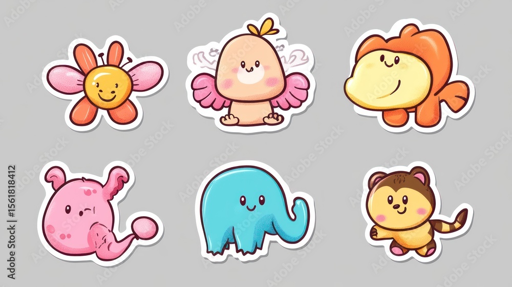 Obraz premium Cartoon stickers of whimsical flower, bird, monkey, pink blob, elephant, and brown critter