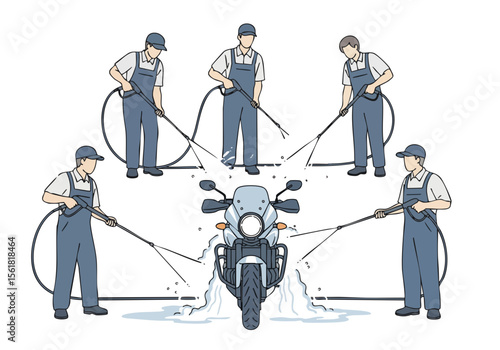Detailed Handdrawn Style Motorcycle Washing Illustration with Worker Character