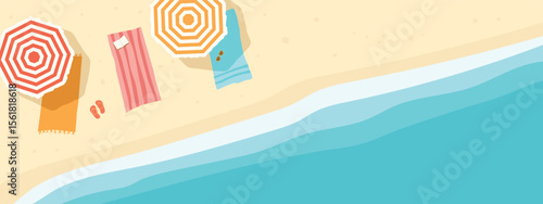 top view of tropical beach with umbrellas, towels and flip-flops; perfect for travel blogs, summer-themed projects, and vacation-related content- vector illustration