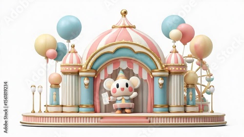 Cute cartoon character celebrating at a colorful party venue