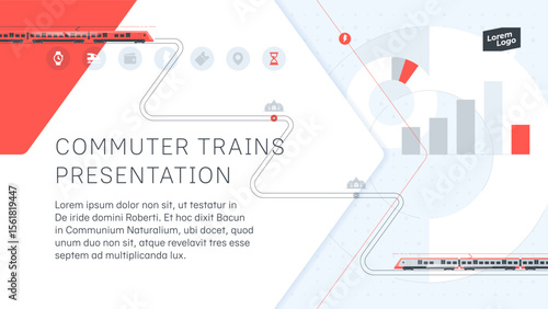Suburban passenger railway service. A cover template for presentations, annual reports, brochures, and the like. Electric trains, railway tracks, stations, diagrams are shown