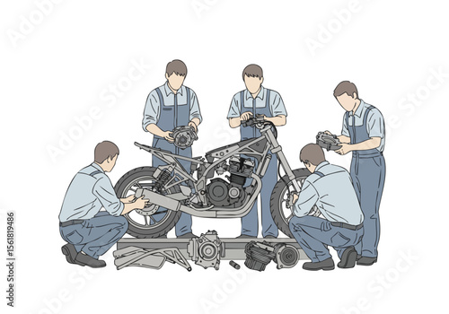 Detailed Line Art Men Repairing Motorcycle Frame and Engine in Garage
