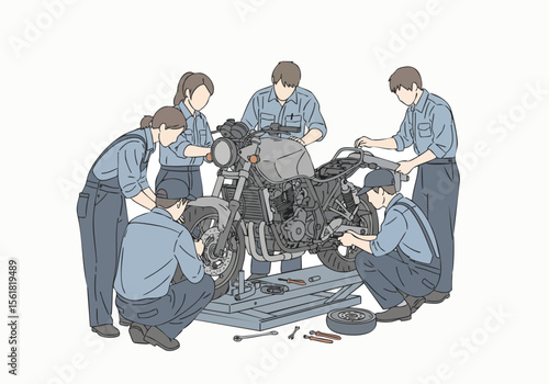 Minimalist Line Art Motorcycle Repair Team in Workshop Illustration