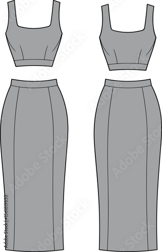  Stylish Women's Two-Piece Crop Top and Pencil Skirt Set Cad Drawing Flat Vector Illustration, Modern Apparel Template for Fashion Collection Design