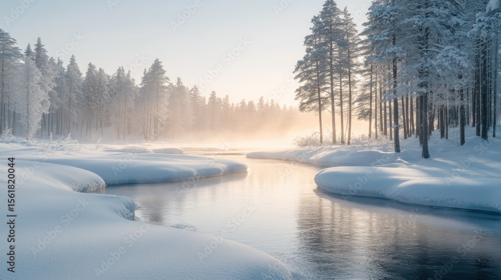 Winter wonderland Frozen river meanders through snow-covered forest at dawn Winter wonderland Frozen river meanders through snow-covered forest at dawn