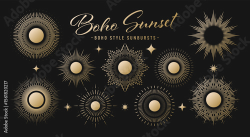 Vintage golden sunburst, sunset beams collection. Boho style, modern minimalist bohemian design. Hand drawn bursting sun, light rays. Logotype or lettering retro design element. Vector illustration