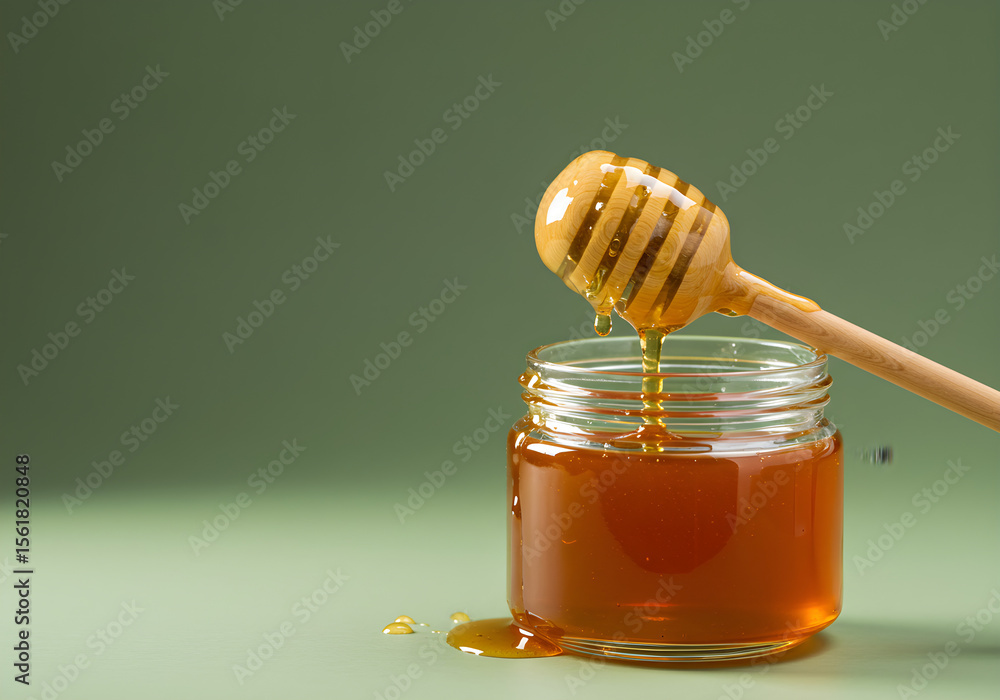 Glass Jar of Golden Honey with Wooden Dipper | Sweet Food Product Photography for Health and Wellness Marketing Glass Jar of Golden Honey with Wooden Dipper | Sweet Food Product Photography for Health and Wellness Marketing