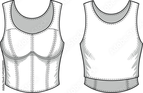 Stylish Bustier Top Cad Drawing Flat Vector Illustration, Fashionable Apparel Design Template for Women's Modern Clothing Collection and Technical Fashion Sketches