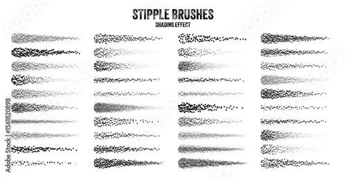 Ink scatter brush, stipple drawing and texturing. Fading gradient. Stippling, dotwork drawing, shading using dots. Halftone disintegration effect. White noise grainy texture. Vector illustration