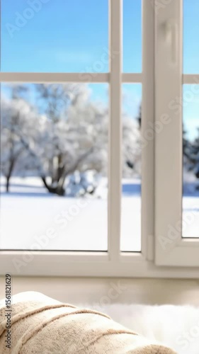 Rolled throw blanket resting on fluffy rug, winter landscape through white window on sunny day.  Bright interior design with cozy vibes.