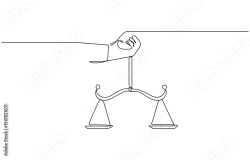 One single line drawing of hand holding weight scale symbol for world day of social justice, Hand holding gavel law balance and scale of justice equilibrium equality judgment. Libra icon one line 