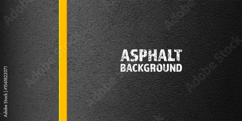 Asphalt road with yellow lane marking, concrete highway surface, texture. Street traffic line, road dividing strip. Pattern with grainy structure, grunge stone background. Vector illustration