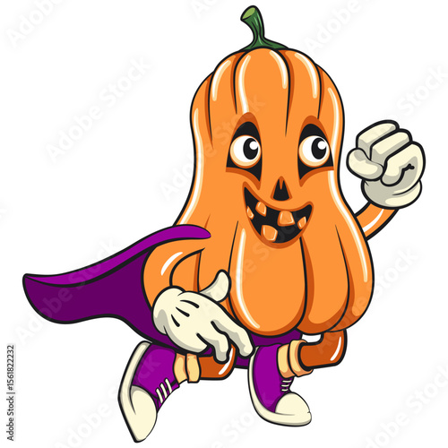 funny halloween pumpkin mascot as flying superhero wearing a robe, vector cartoon illustration isolated on transparent background, work of hand drawn