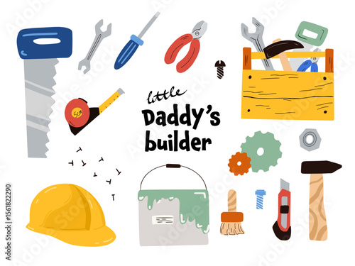 Kids collection of various repair tools in a cartoon style. A set for decorating toys, construction sets, children room or workshop, as educational material, fabrics, wallpapers