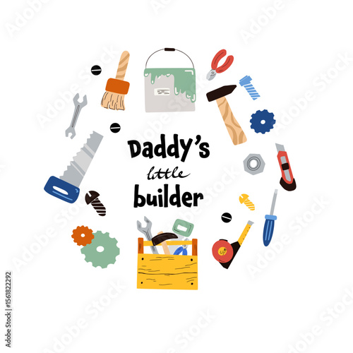 Kids collection of various repair tools in a cartoon style. A set for decorating toys, construction sets, children room or workshop, as educational material, fabrics, wallpapers