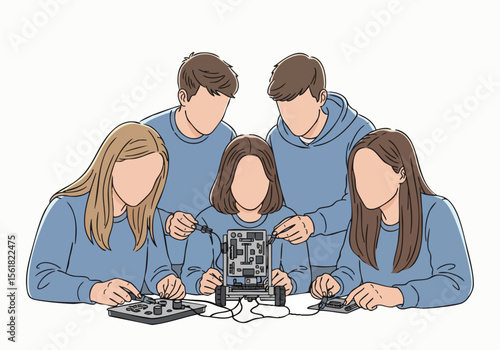 Flat Illustration Group of Young People Making Robotics Project Education