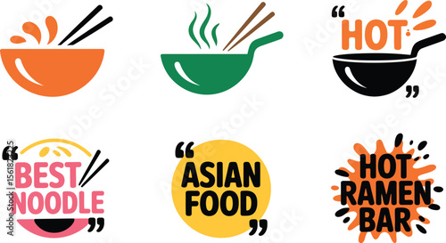 Asian food logo collection with noodle bowl, wok, ramen bar and hot food vector design template set design