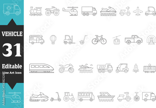 Modern and Clean Vehicle Editable Line Art Vector Icons, Vector illustration of stylish line art transport icon set, Unique line vector icon illustration: airplane, ambulance, golf cart and other