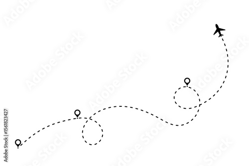 Line path for plane icon with travel map, flight route, and air trip design. Dash and dot trace show journey toward a destination. Use as vector or background.