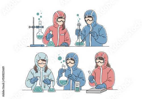Flat Style Detailed Scientist in Hazmat Suits Experimenting Illustration
